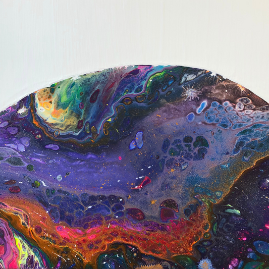 Outsider, abstract painting with layered cosmic colors, fluid textures, and organic shapes resembling a planetary landscape on a light background.