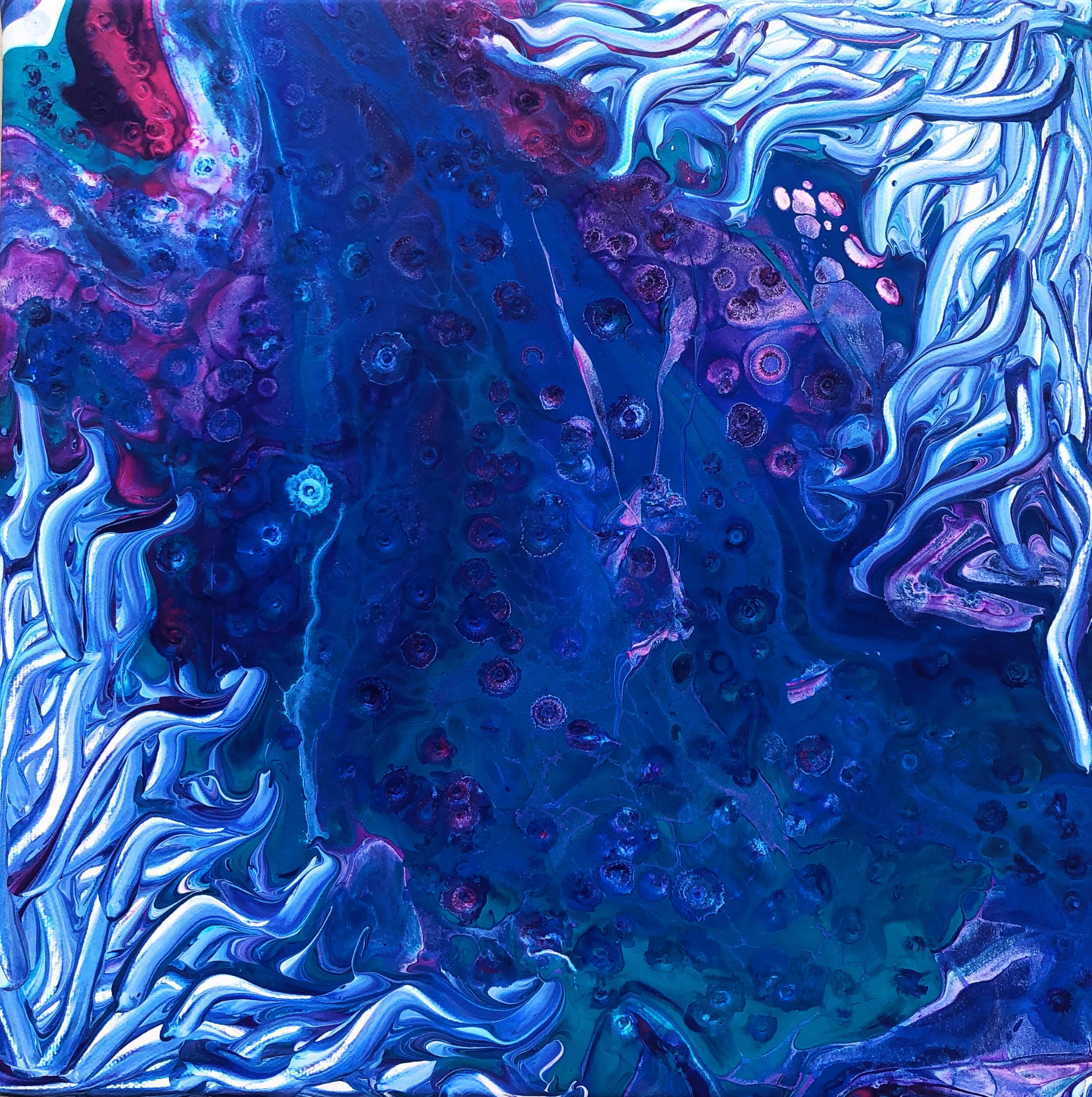 Abstract textured painting in deep blue and violet tones with sculptural, wave-like edges and layered fluid details.
