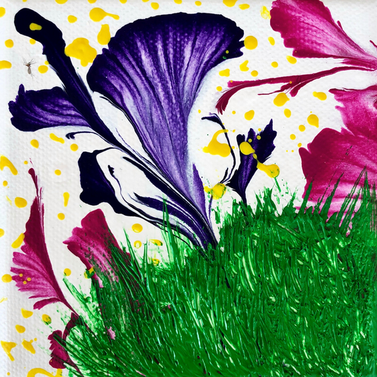 Abstract painting featuring vibrant purple and pink flower-like forms emerging from textured green grass, with yellow splashes scattered across a light background, creating a vivid, garden-inspired composition.