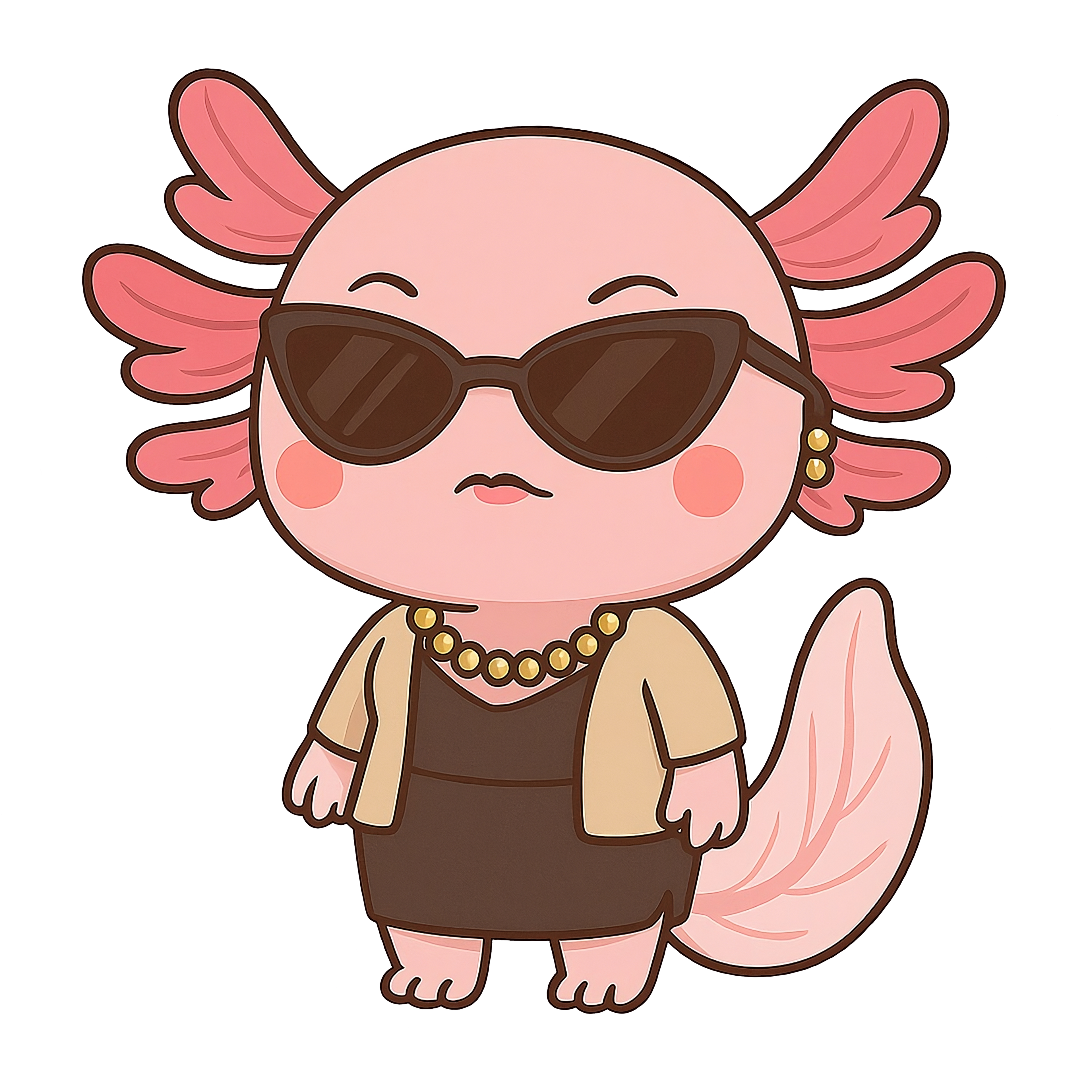 Snob, an Axolien character wearing sunglasses, a dress, and jewelry, illustrated in a bold and elegant digital art style.