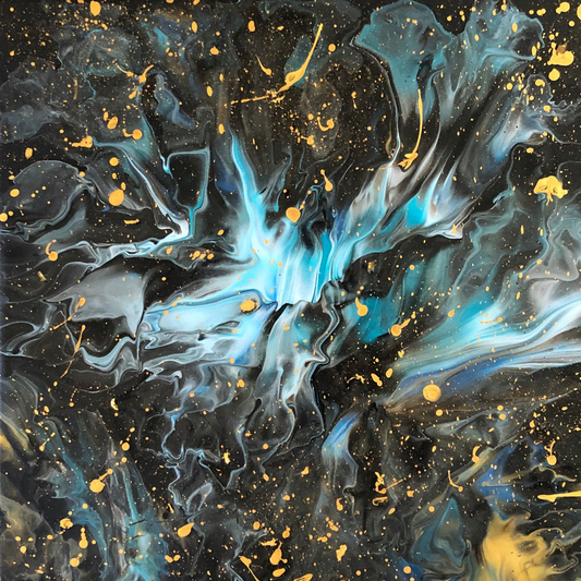 Abstract painting with swirling blue and black forms on a dark background, accented by scattered golden splashes, creating a sense of depth, motion, and cosmic energy.