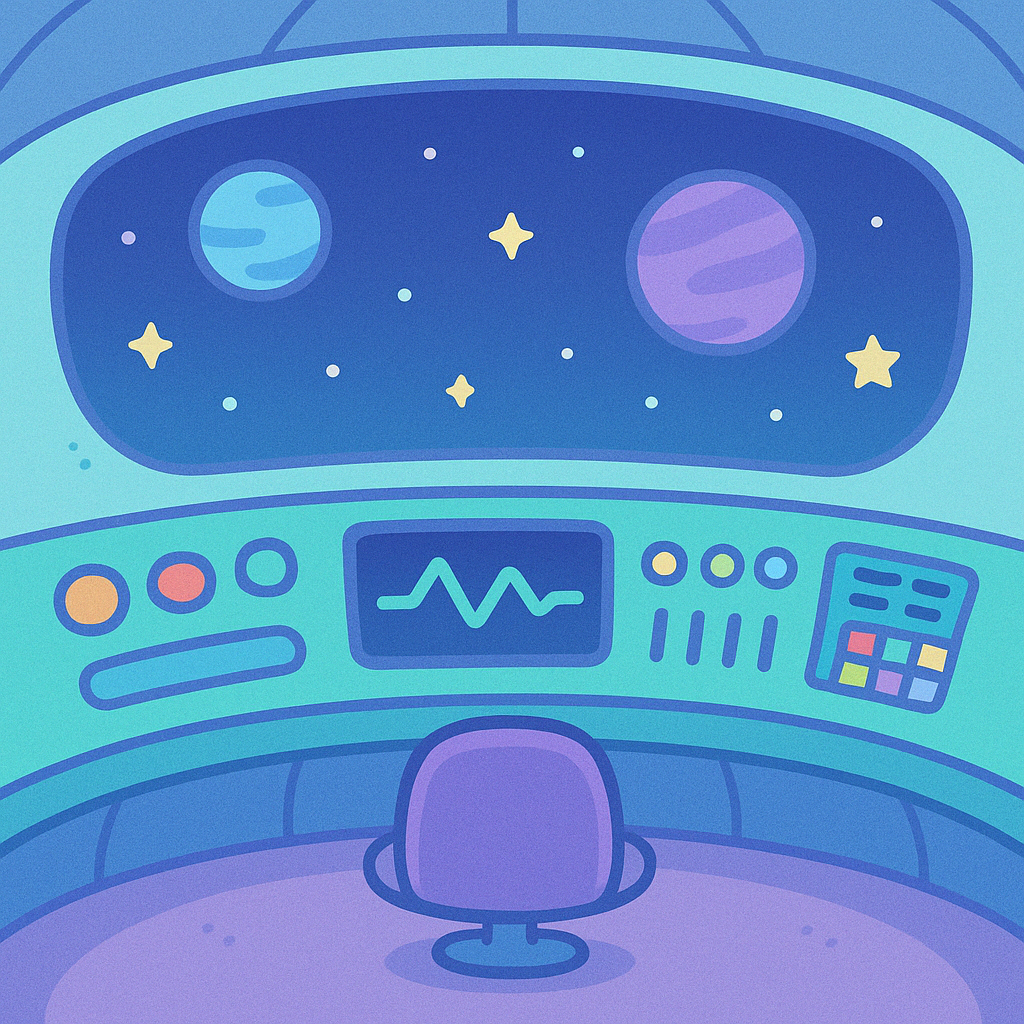 Interior of an Axoliens spaceship, showing a futuristic control panel and a window overlooking space with planets and stars.