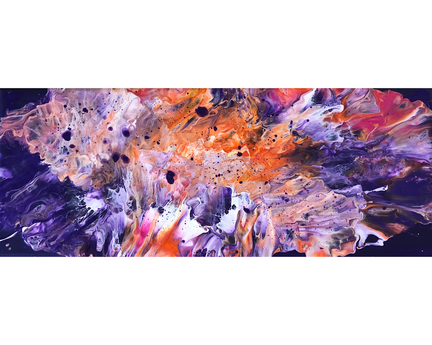 Abstract painting in a wide horizontal format with flowing splashes of orange, purple, white, and pink spreading across a dark background, featuring fluid marbled textures and scattered paint droplets that create a dynamic, expansive composition.