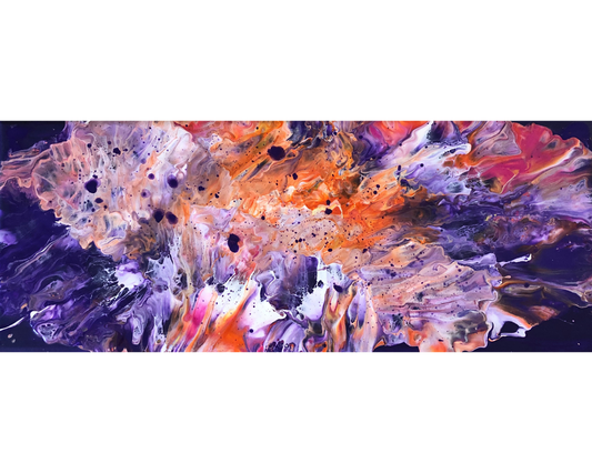Abstract painting in a wide horizontal format with flowing splashes of orange, purple, white, and pink spreading across a dark background, featuring fluid marbled textures and scattered paint droplets that create a dynamic, expansive composition.
