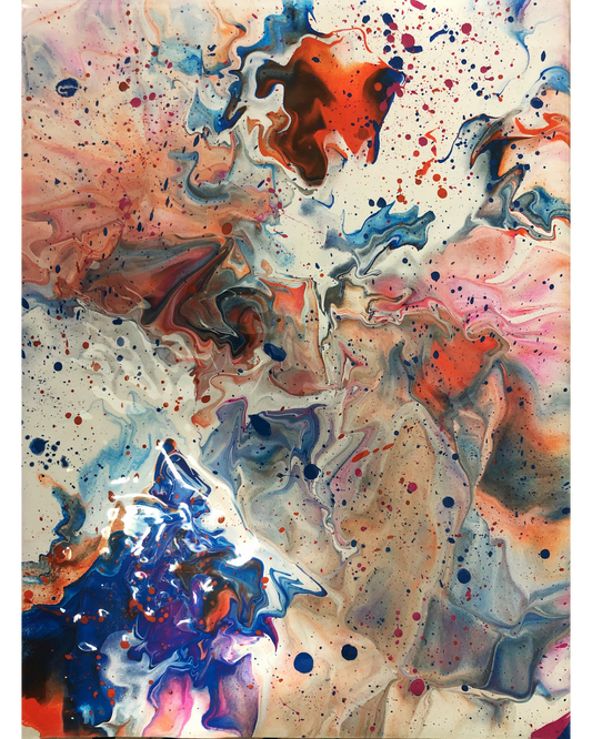 Abstract painting with soft beige, pink, blue, and rust tones flowing across the surface, featuring marbled shapes and scattered paint splashes that resemble reflections and movement in a shallow pond.