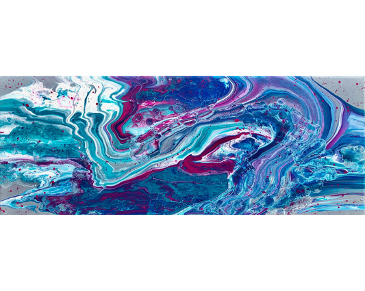 Panoramic abstract painting with flowing turquoise, blue, magenta, and white layers forming horizontal river-like currents, with marbled textures, cellular details, and scattered splashes that suggest continuous movement toward an open body of water.