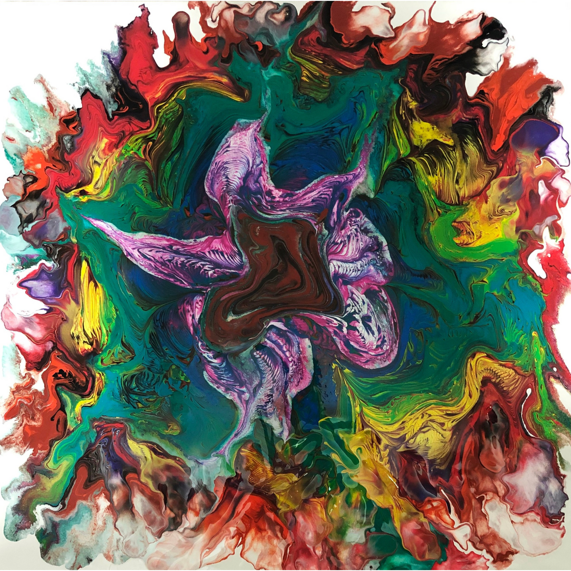 Abstract painting with a central star-like form in pink and dark tones, surrounded by swirling layers of green, yellow, red, and blue paint, creating a dense, fluid composition with strong movement and compressed textures.