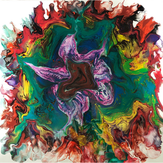 Abstract painting with a central star-like form in pink and dark tones, surrounded by swirling layers of green, yellow, red, and blue paint, creating a dense, fluid composition with strong movement and compressed textures.