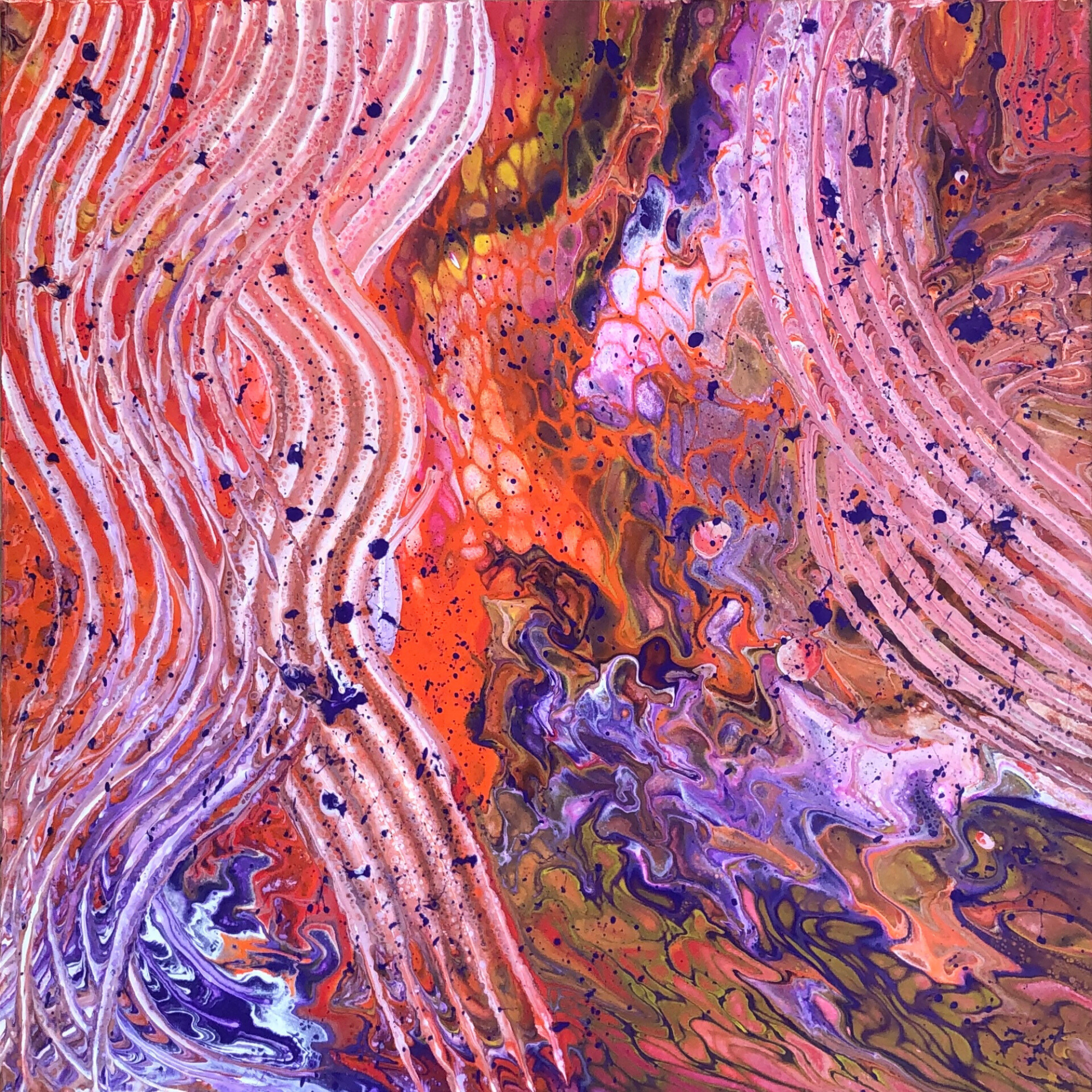 Abstract painting with flowing pink, orange, purple, and earthy tones, featuring layered wavy lines, marbled textures, and scattered dark splashes that create a sense of movement and layered visual traces across the surface.