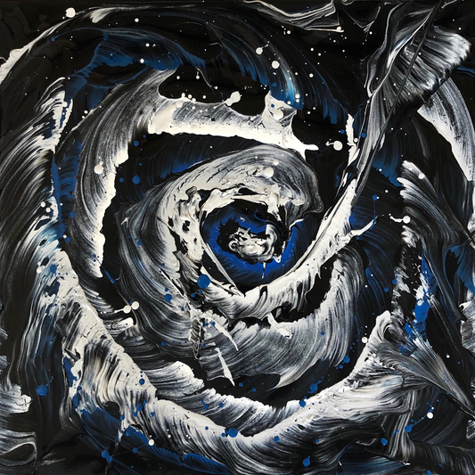 Abstract painting with swirling white and deep blue brushstrokes on a dark background, forming spiral-like movements and scattered paint splashes that evoke fluid motion and depth beneath the surface.