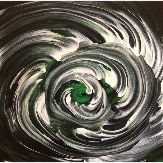 Abstract painting dominated by swirling black, white, and deep green brushstrokes forming a spiral motion, with layered circular strokes that create the sensation of a vortex pulling inward toward a dark green core.