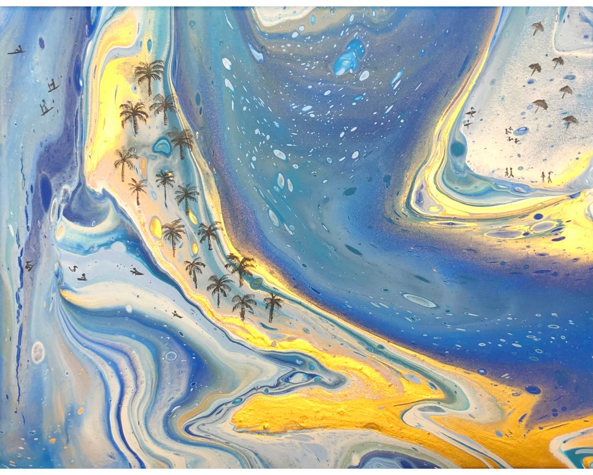 Abstract painting with flowing blue, white, and gold forms resembling water currents and shorelines, featuring small palm trees and tiny human figures embedded in the composition, creating a dreamlike coastal scene with fluid movement.