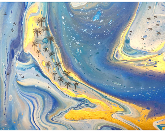 Abstract painting with flowing blue, white, and gold forms resembling water currents and shorelines, featuring small palm trees and tiny human figures embedded in the composition, creating a dreamlike coastal scene with fluid movement.