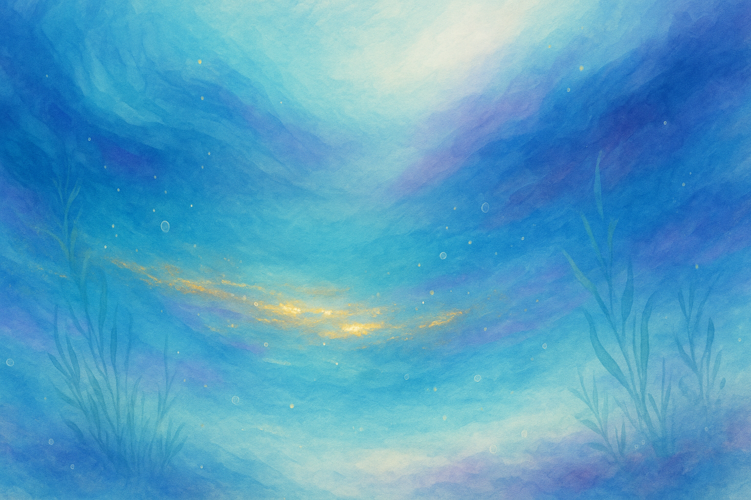 Abstract aquatic background with luminous turquoise, aqua blue, lilac, and soft gold tones, featuring fluid textures and light reflections evoking the ethereal underwater world of The Axoliens Collection.