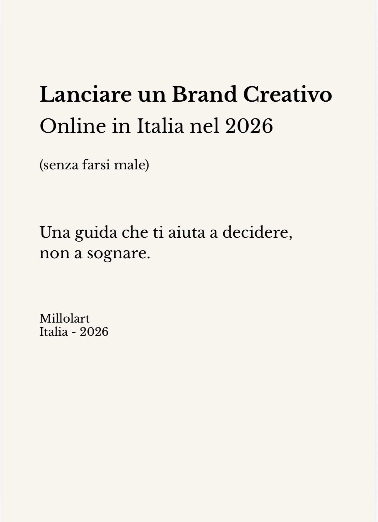 Cover of the guide “Lanciare un Brand Creativo Online in Italia nel 2026”, a practical publication about launching a creative brand in Italy.
