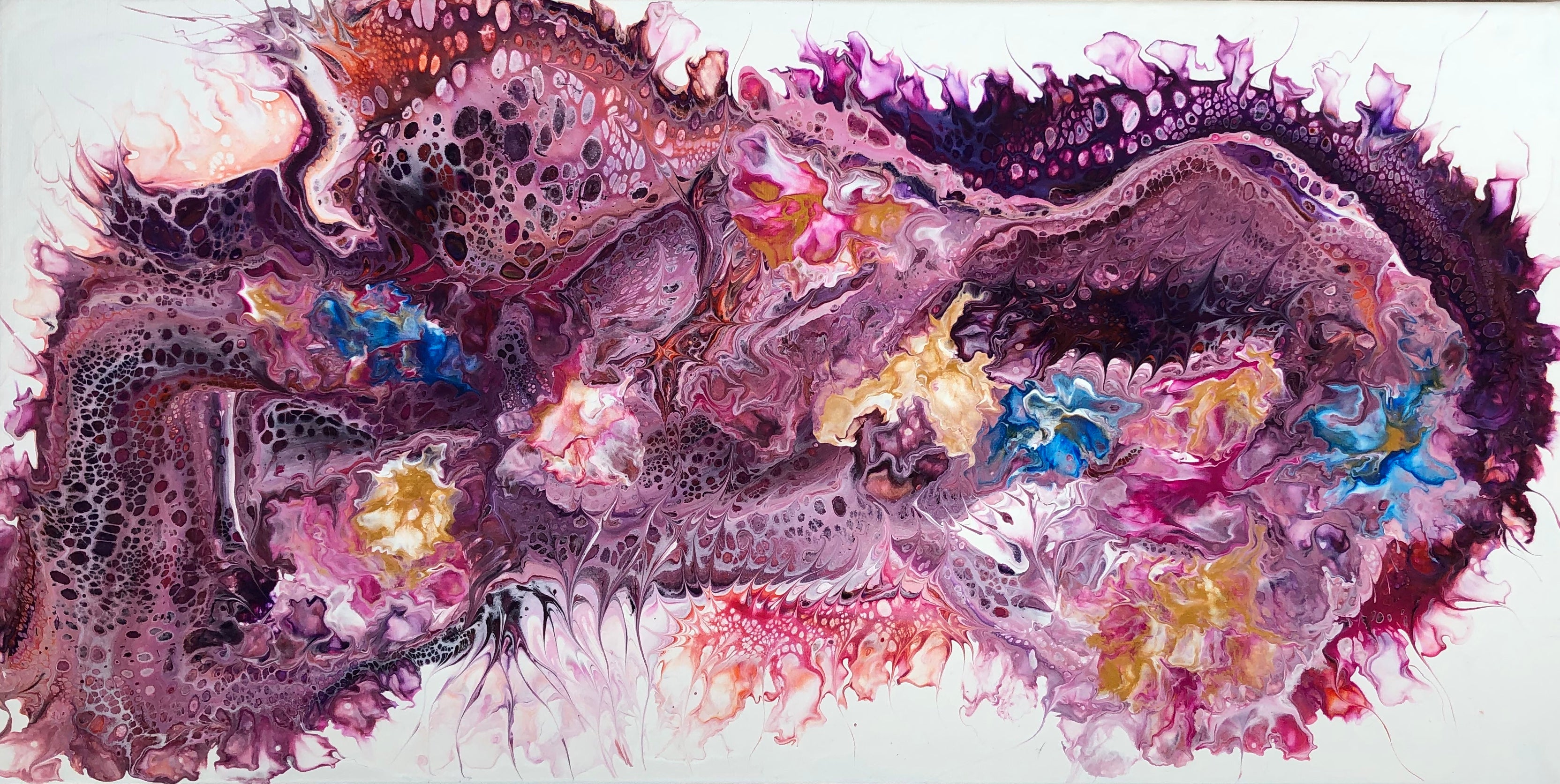 Abstract fluid artwork in violet, magenta, and gold with organic textures and cellular patterns, evoking deep-sea forms and inner life energy.