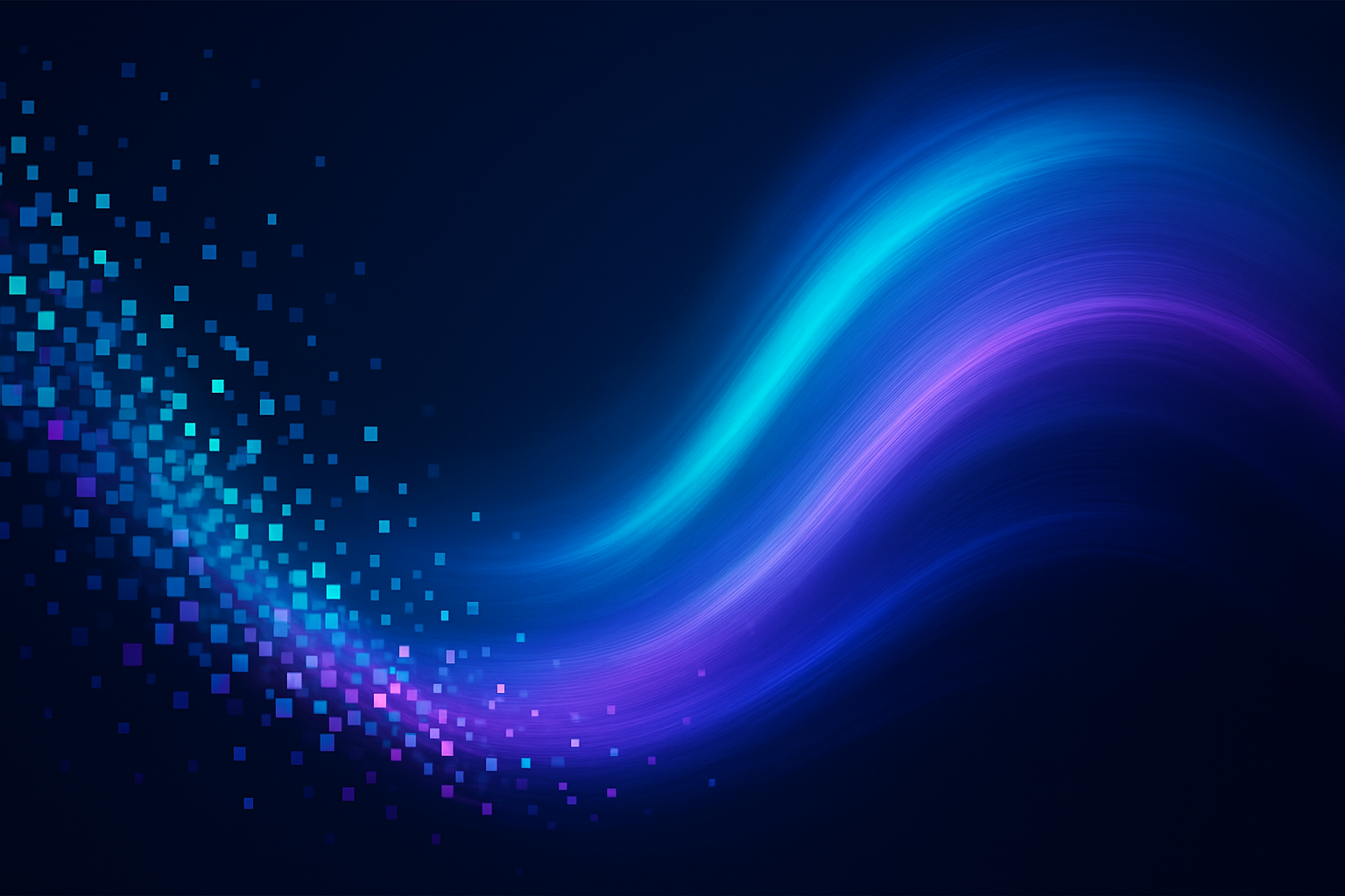 Abstract digital artwork featuring a flowing wave of light composed of glowing pixel squares in shades of cyan, blue, and violet, set against a deep dark-blue background. The design evokes motion, creativity, and the fusion of technology and art.