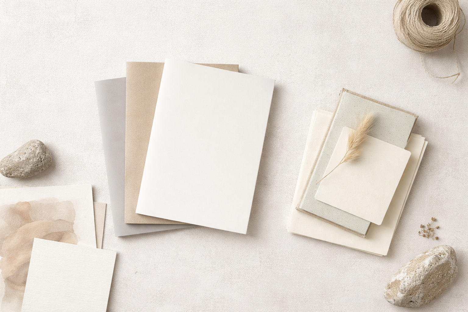 Minimal flat lay of notebooks and publications symbolizing creative guides and independent publications by Millolart.