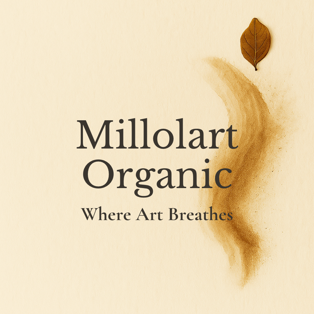 Millolart Organic logo with elegant serif typography on a beige background, featuring a brown leaf and natural pigment trail, representing organic creativity and sustainable art.