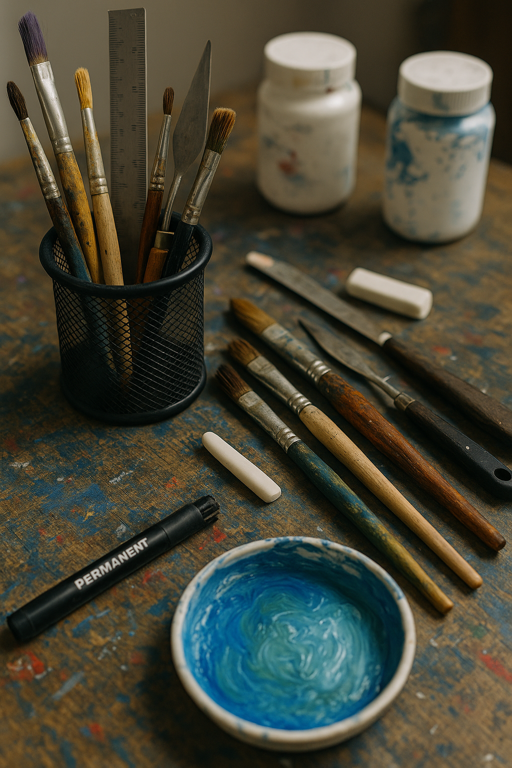A vertical close-up of an artist’s messy workspace showing a paint-stained wooden table covered with acrylic jars, palette knives, brushes of different sizes, pencils, markers, and a small bowl filled with mixed colors — a vibrant glimpse into a painter’s creative process.