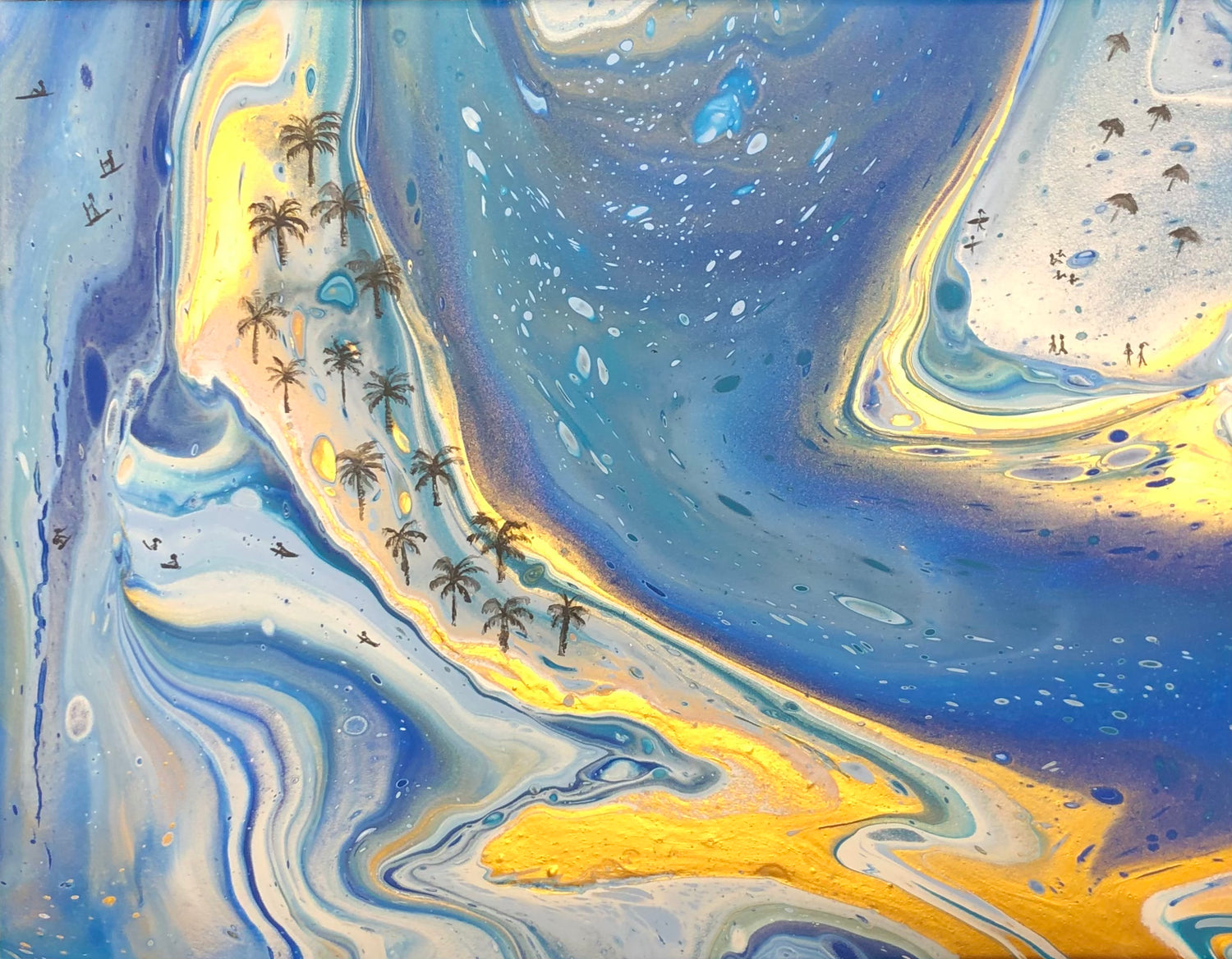 Abstract seascape in swirling blue and gold tones with palm trees and tiny figures, blending oceanic motion and dreamlike imagination.